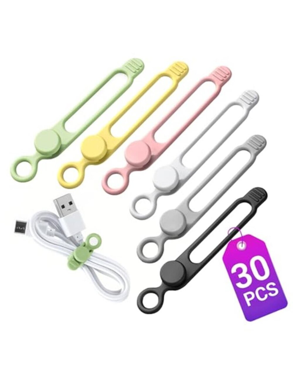 30Pc Silicone Cable Ties Reusable Elastic Cord Organizer Wire Management Travel